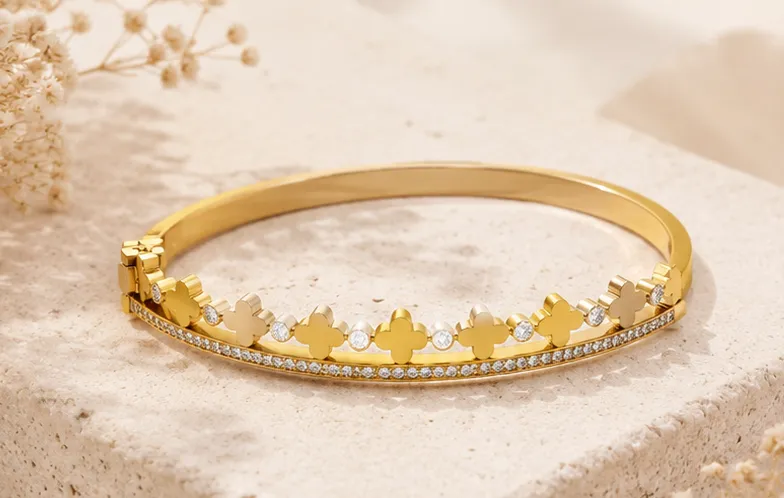 Golden Clover Kada with Cubic Zirconia Accents